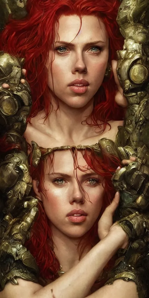 Image similar to epic masterpiece portrait of Red Sonja played by scarlett johansson, followed by head with many screaming faces, beautiful faces and flawless skin, perfect hands, emeralds by Edgar Maxence and Ross Tran and Michael Whelan