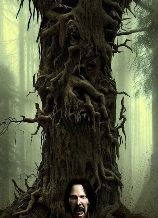 Image similar to highly detailed horror movie poster with angry creepy keanu reeves as a tree, keanu reeves faces in the bark of many trees sentient leafy catastrophe by greg rutkowski, masterpiece, really funny, 1 0 / 1 0 creepy