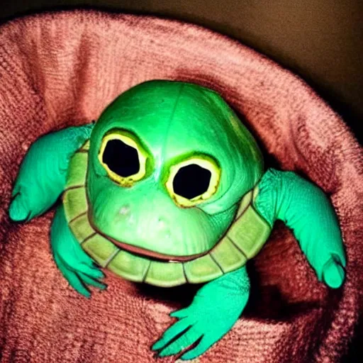 Prompt: photo of a nightmarish creepy disfigured horrific scary turtle with a nightmarishly haunted face