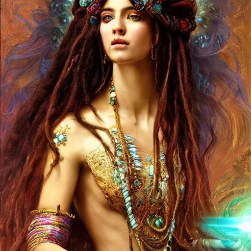 Image similar to artstation, intricate detail, hyper detail, portrait by gaston bussiere, tan skin, lady of elche, egyptian sumerian features, techno mystic goddess princess intergalactica inanna with aqua neon rapunzel dreadlocks,