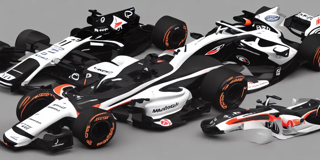 Image similar to hybrid design between McLaren MCL34 F1 car and Ford Mustang. No background, concept art style.