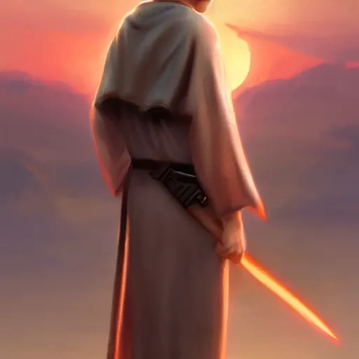 Prompt: a young blonde male jedi with short hair standing still looking at the sunset concept art by Doug Chiang cinematic, realistic painting, high definition, concept art