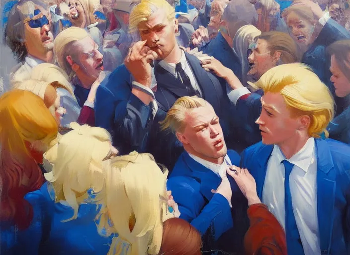 Prompt: greg manchess portrait of a blond man in a blue suit wounded surrounded by a crowd, organic painting, sunny day, matte painting, bold shapes, hard edges, street art, trending on artstation, by huang guangjian, gil elvgren, ruan jia, randy vargas, greg rutkowski