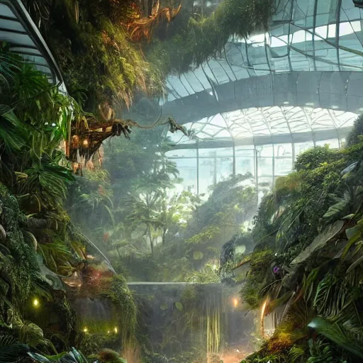 Prompt: stunning indoor jungle by greg rutkowski inside epic high technology biodome designed by zaha hadid, ultra detailed, highest quality, trending on artstation, 8 k