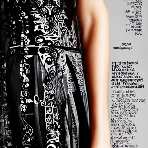 Image similar to Close up of an edgy black dress with print of a large circuit on dress, photography , fashion magazine editorial , highly detailed