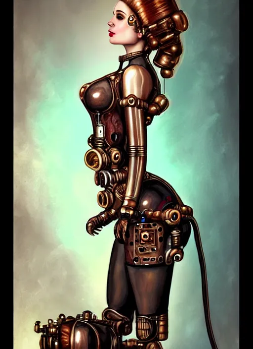 Prompt: image of beautyful female android steampunk by james o'barr,