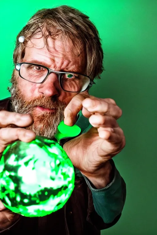 Prompt: a disheveled man holding a silver staph with a glowing green orb on top, high detailed, cinematic, shallow focus, soft light, back lit, rim light