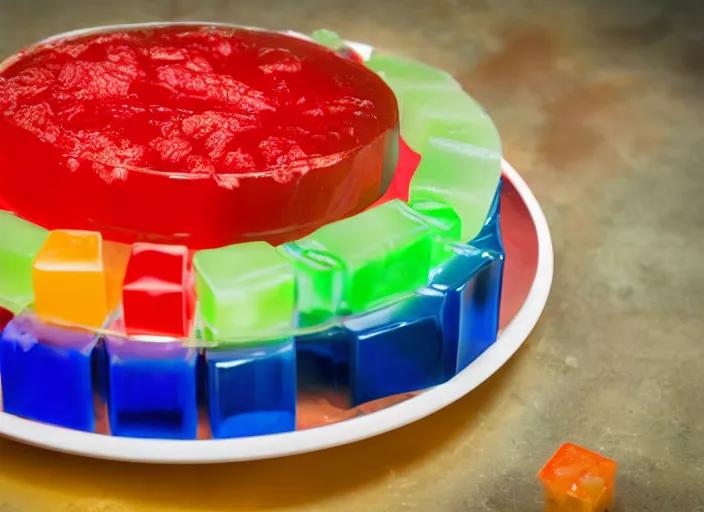 Image similar to dslr food photograph of a jello mold filled with cubes of beef, 8 5 mm f 1. 8