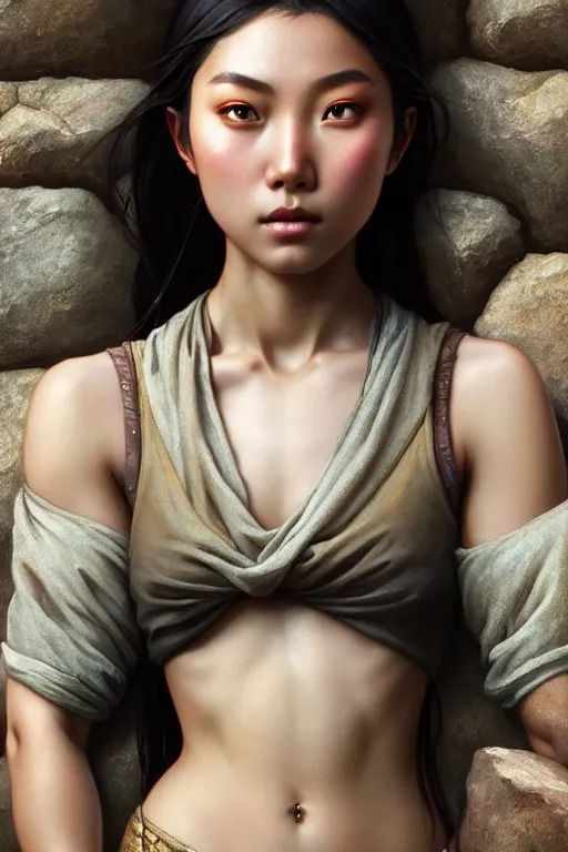 Image similar to beautiful digital painting of a young asian model stone wall with high detail, 8 k, stunning detail, works by artgerm, greg rutkowski and alphonse mucha, unreal engine 5, 4 k uhd