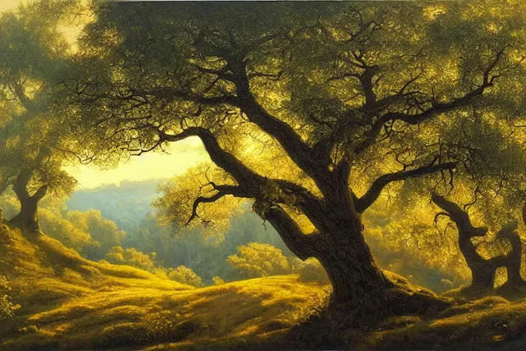 Image similar to masterpiece painting of oak trees on a hillside overlooking a creek, dramatic lighting, by james c. christensen