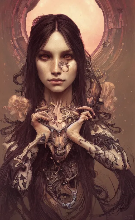 Image similar to portrait of a dark girl with skull poking through , surreal, intricate, headshot, highly detailed, digital painting, artstation, concept art, cinematic lighting, illustration, art by artgerm and greg rutkowski, alphonse mucha, cgsociety, science fiction