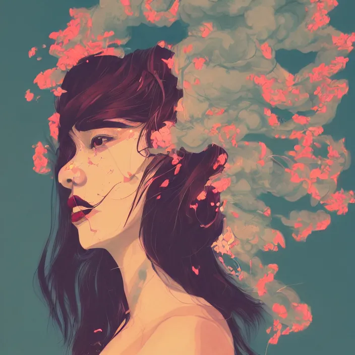 Image similar to candid portrait of very beautiful young filipino woman with narrow face, surrounded by dramatic swirling smoke and flowers, face partially obscured, dark background, by conrad roset, abstract, trending on artstation