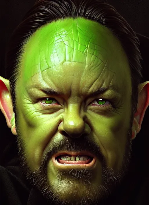 Image similar to portrait of ricky gervais as a goblin, d & d, muscular! green, fantasy, intricate, elegant, highly detailed, digital painting, artstation, concept art, smooth, sharp focus, illustration, art by artgerm and greg rutkowski and alphonse mucha