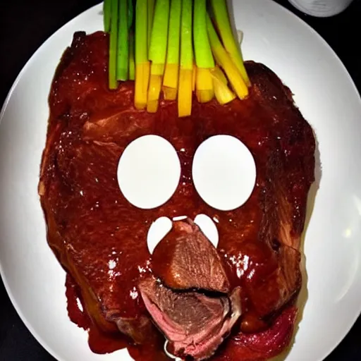 Prompt: chuck roast norris, food photo of chuck norris face carved into chuck roast