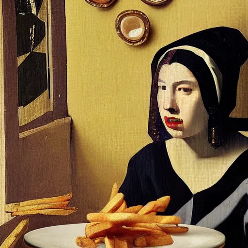 Image similar to dua lipa eating too many fries, johannes vermeer, ultra detailed, ultra realistic