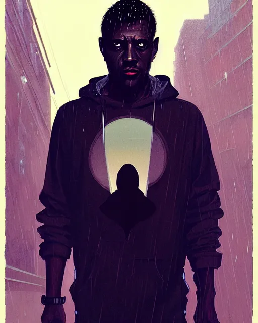 Image similar to blade runner, hyper - realistic portrait man in hoodie, real street, rain, cinematic, by atey ghailan, by greg rutkowski, by greg tocchini, by james gilleard, by joe fenton, by kaethe butcher, 8 k, very intricate, 8 0's, night