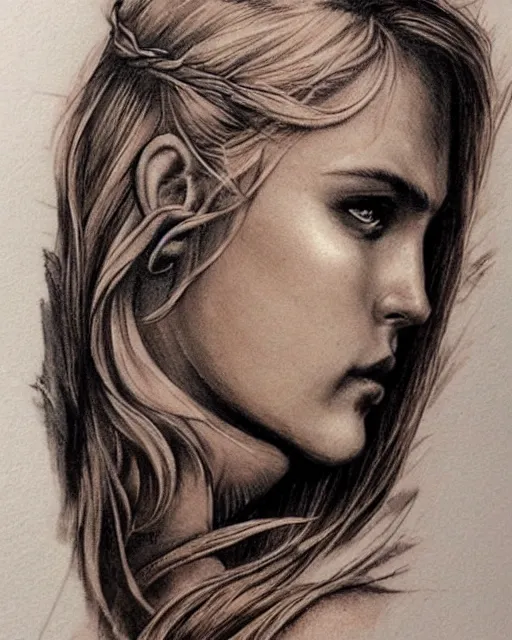 Image similar to tattoo sketch of beautiful greek goddess aphrodite, bow and arrow, beautiful piercing eyes, flowing blonde hair, realistic face, hyper realistic, in the style of greg rutkowski, fantasy, amazing detail, epic, intricate, elegant, smooth, sharp focus