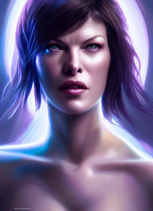 Image similar to portrait of female as cortana, milla jovovich, intricate, elegant, glowing lights, highly detailed, digital painting, artstation, glamor pose, concept art, smooth, sharp focus, illustration, epic angle, art by artgerm and greg rutkowski, artey freytag