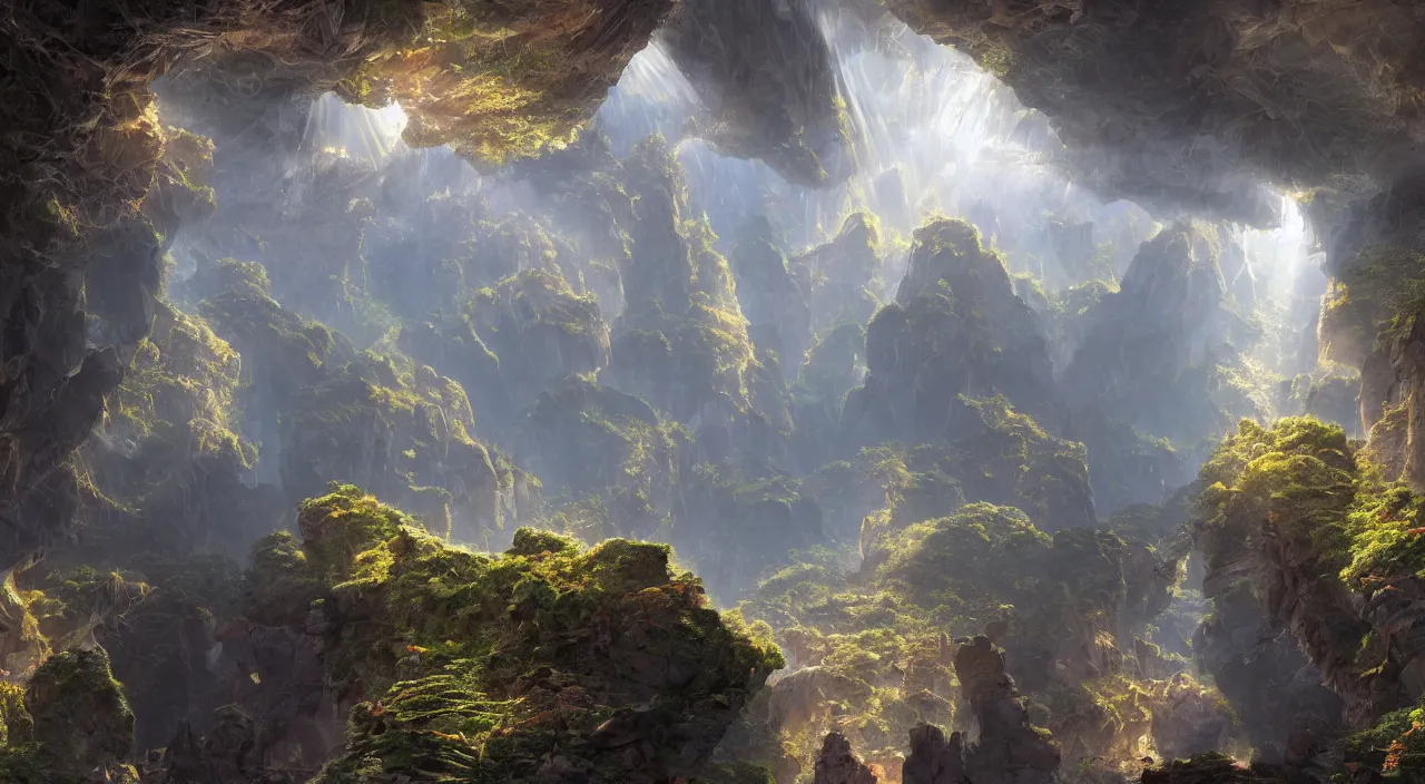 Image similar to biological crystallographic lattice bridging megastructure, in a canyon by glenn small, by albert bierstadt, photorealistic, zaha hadid, god rays, volumetric lighting, detailed, extremely intricate, raytrace, octane, light fog, neon