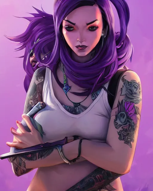 Image similar to beautiful female purple hair with dagger tattoo symmetrical face eyes full length fantasy art apex fortnite Video game icon, 2d game art gta5 cover , official fanart behance hd artstation by Jesper Ejsing, by RHADS, Makoto Shinkai and Lois van baarle, ilya kuvshinov, rossdraws