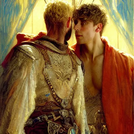 Image similar to stunning arthur pendragon in love with stunning male merlin the mage. they are close to each other. highly detailed painting by gaston bussiere, craig mullins, j. c. leyendecker