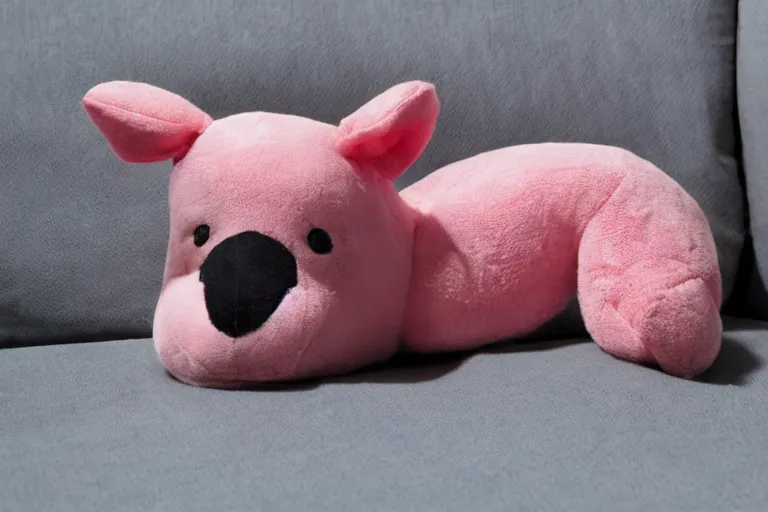 Image similar to a high quality 3 5 mm photo of a pink chubby stuffed animal kangaroo, wearing a dark blue shirt, large ears, pointy nose, on a couch, trending on artstation, sharp focus, kids toy