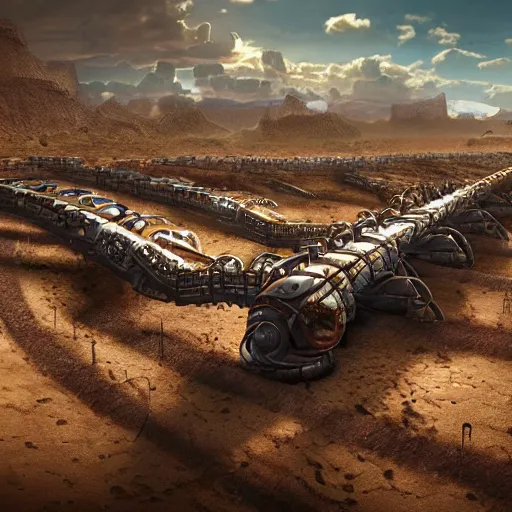 Image similar to giant robotic steampunk centipede in a desert, extremely detailed, hdr, unreal engine, robotic, retro, beautiful, sunny, intense, cinematic lighting,