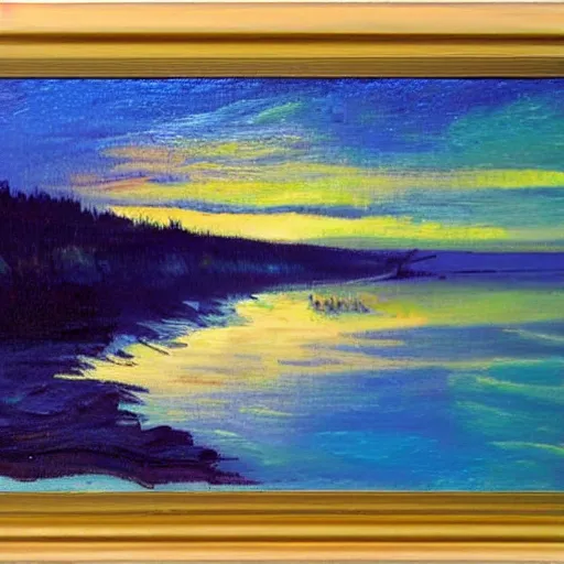 Prompt: midnight shores of the Bruce Peninsula, impressionism