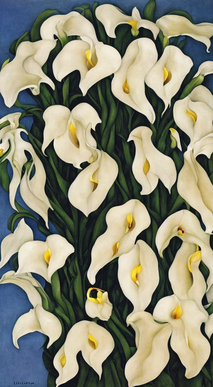 Image similar to portrait of a cream colored havanese dog with a bouquet of calla lillies, mexico, painting by diego rivera realism aztec modernism 1 9 3 5