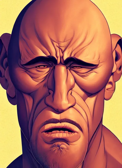 Image similar to centered!! macro head portrait of medieval sneezing king dwayne johnson, artstation, detailed cartoon, elegant, digital painting, concept art, smooth, sharp focus, illustration, ghibli, makoto shinkai, don bluth, fujita goro, jean giraud, akihiko yoshida, tom whalen 8 k