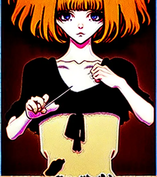 Image similar to girl with morbid thoughts wearing a black spring dress with short brown hair, queen of sharp needles and under the effect of psychosis, by Range Murata, Katsuhiro Otomo, Yoshitaka Amano, Andy Warhol.