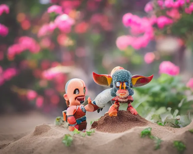 Image similar to 8 5 mm food photography of a kratos toy near a garden with sand with dof and bokeh and flowers o