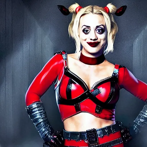 Image similar to A still of Kaley Cuoco as Harley Quinn