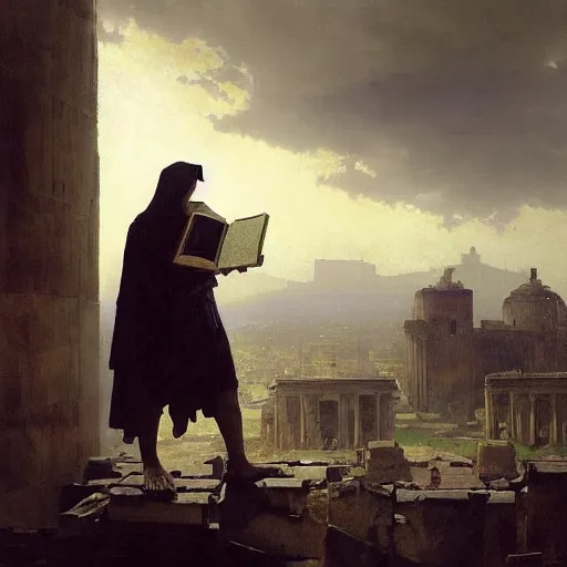 Image similar to half portait of magican wearing a closed cowl and big old book! chained to the wrist, jeremy mann, jean - leon gerome, tiepolo, alphonse mucha, greg rutkowski, face in the shadows, ( ( ruins of ancient rome ) ), at dusk, mysterious atmosphere, sunrays, dof, high detailed, 8 k