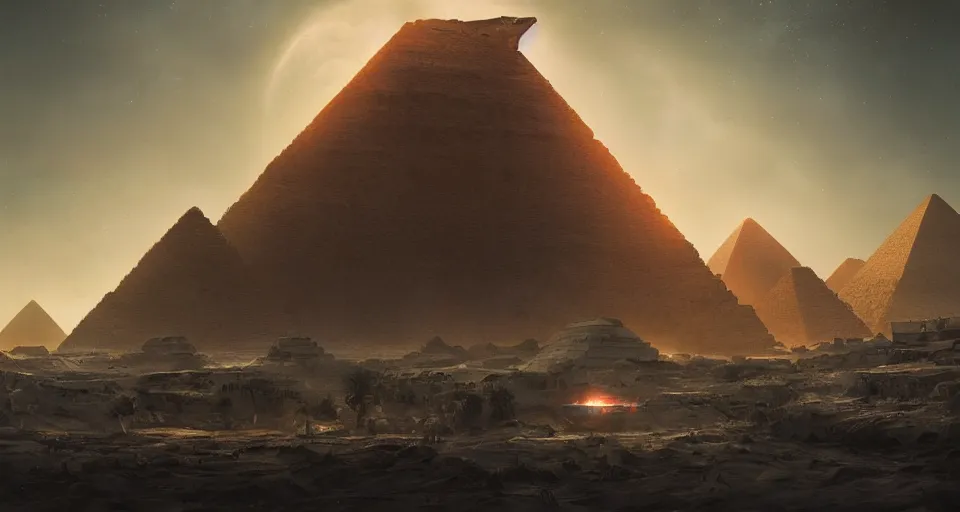 Prompt: Lost lands of Egypt by Greg Rutkowski, alien spaceship in the skies, fantasy, digital art, professional illustration, realistic, ultra detailed, atmospheric, cinematic lighting, movie concept art, hyper detailed, insanely detailed, corona render, octane render, colorful redshift render, 8k