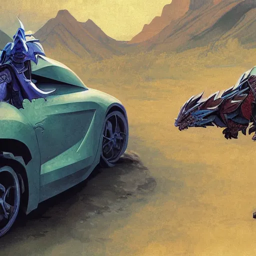 Image similar to dragon fire vs blue armor knight shield, green car hatchback, desert landscape, greg manchess, akehiko inoue and ross tran, greg rutkowski, alphonse mucha, D&D, fantasy, action