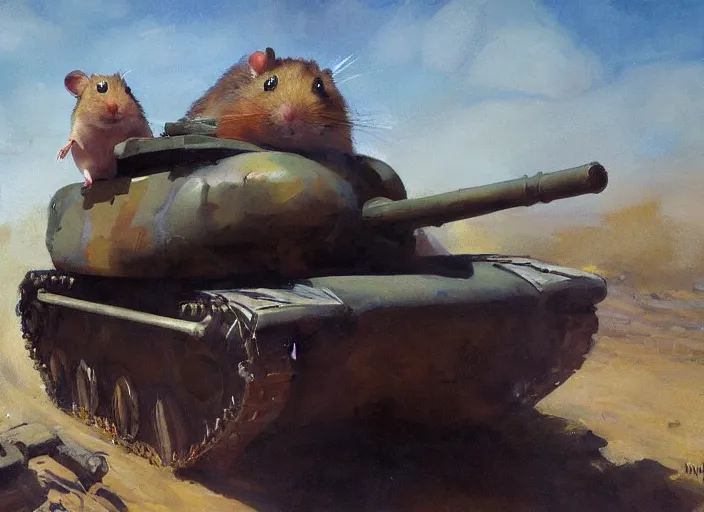 Prompt: a highly detailed beautiful portrait of an evil hamster on a tank, by gregory manchess, james gurney, james jean