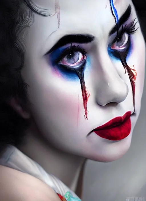 Image similar to photo of a gorgeous sad clown woman crying in the style of stefan kostic, realistic, sharp focus, 8 k high definition, insanely detailed, intricate, elegant, art by stanley lau and artgerm
