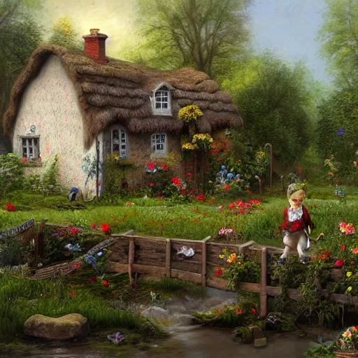 Image similar to folk art, old english cottage by a creek, flower garden, children playing in the yard, lowbrow, matte painting, 3 - d highly detailed, style of greg simkins