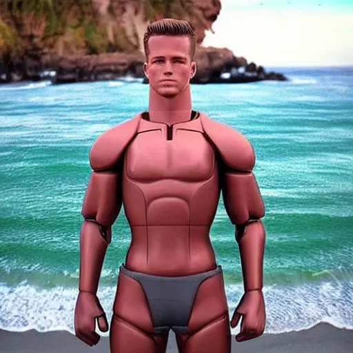 Prompt: a realistic detailed photo of a guy who is an attractive humanoid who is half robot and half humanoid, who is a male android, football player christian mccaffrey, shiny skin, posing like a statue, blank stare, by the beach, on display