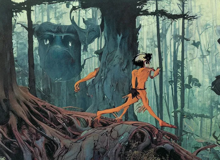 Prompt: a still from the movie princess mononoke by of francis bacon, surreal forest, norman rockwell and james jean, greg hildebrandt, and mark brooks, triadic color scheme, by greg rutkowski, in the style of francis bacon and syd mead and edward hopper and norman rockwell and beksinski, dark surrealism, open ceiling