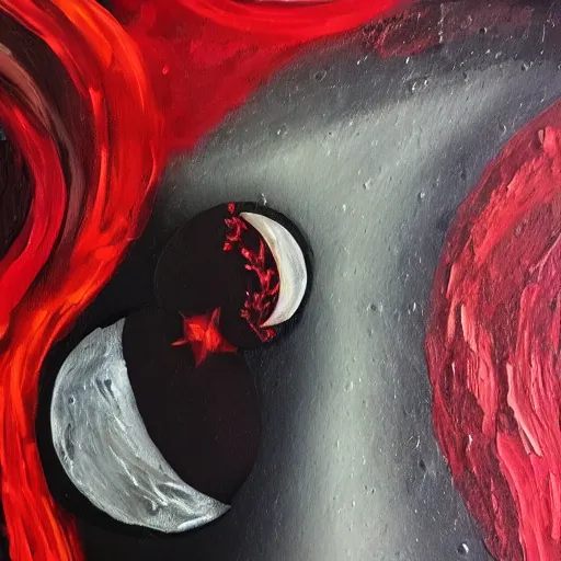 Image similar to rain, moon, knight and princess, oil painting, red and black, bloom, detailed, coherent like dalle 2