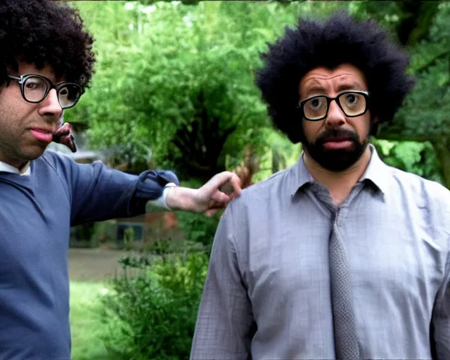 Image similar to richard ayoade as moss and chris o'dowd as roy in the it crowd ( 2 0 0 6 ), channel 4, episode still, 4 8 0 p