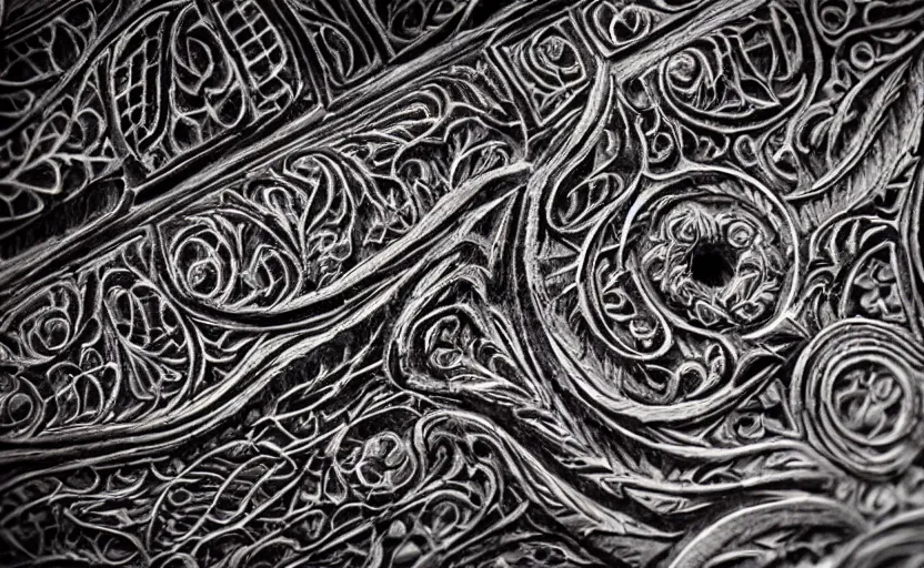 Prompt: etched carved designs in the stock of a rifle, digital painting, intricate detail, professional photography, 70mm, depth of field, magical aura, stunning, gorgeous, beautiful