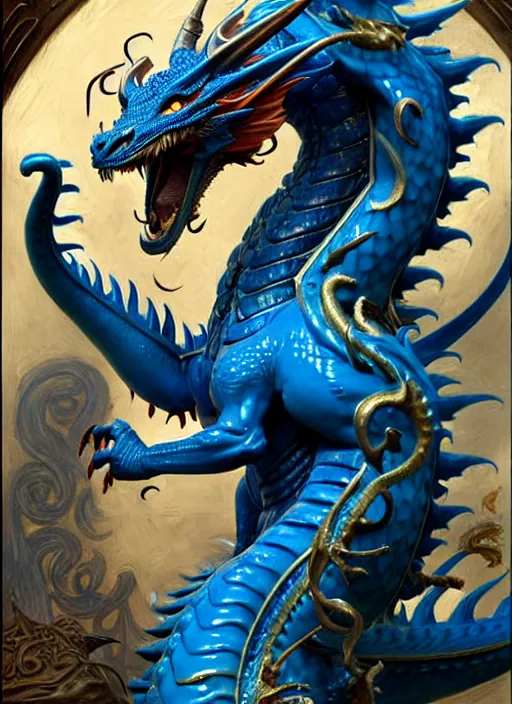 Image similar to artstation, intricate details, hyper details, by gaston bussiere and sandro botticelli, cute anthropomorphic blue dragon husband, snarling, furry