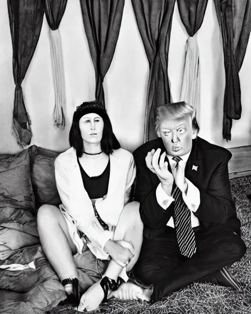 Prompt: if donald trump became a hippie, photoshoot in the style of diane arbus, hyperreal