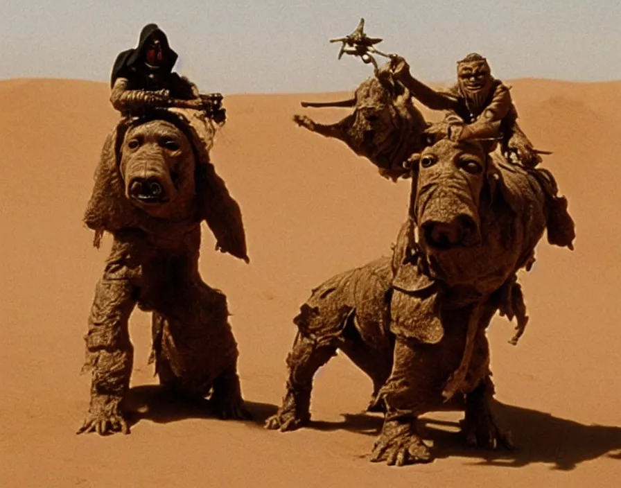 Image similar to Still from the original Star Wars of a Tusken raider riding a giant dachshund on Tatooine