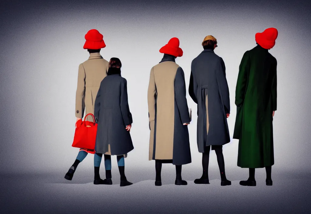 Image similar to full body portrait of a trio of young european tourists long coat travel apparel, with nikon cameras, various poses shooting photos, character designs painting, in the style of wes anderson, rene magritte, lola dupre, david hockney, isolated on white background, dark monochrome neon spraypaint accents volumetric octane render