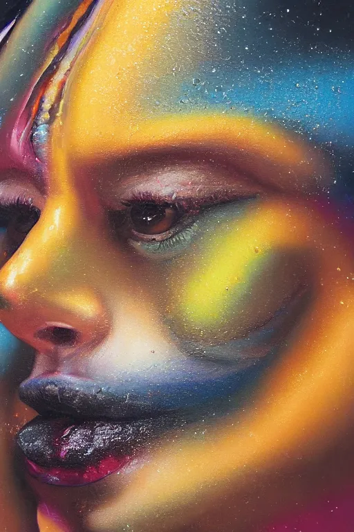 Image similar to hyperrealism oil painting, close - up portrait of face from a tangle of snakes fashion model, knight, street art gradient mixed with nebula sky, in style of baroque