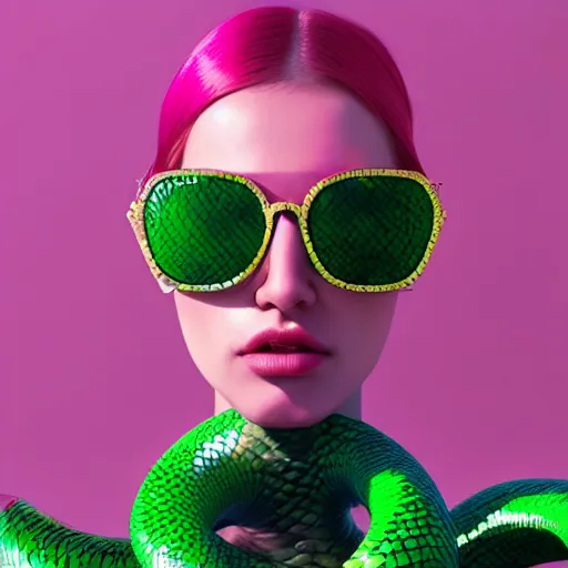 Prompt: 3 d close - up, fashion model in sunglasses, pink clouds background, green snakes, hyper detailed, photo realistic, vouge style photo, artwork by tooth wu and wlop and beeple and greg rutkowski